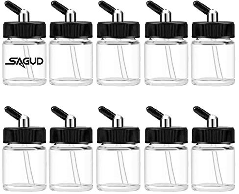 SAGUD 10pcs Glass Airbrush Bottles Kit 20cc (2/3 Ounce) Air Brush Gun Jar with 10pcs Adapter Cap Covers Set, Single Action Airbrushes