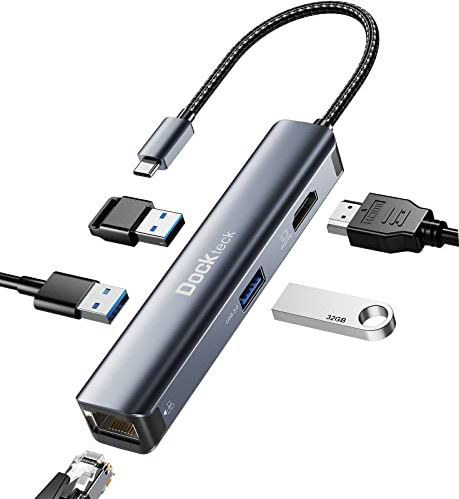 USB C Hub Dockteck 5 in 1 USB C Dock, USB-C Adapter mit Ethernet LAN RJ45, 4K HDMI, 3 USB 3.0 für MacBook Pro/Air M1, iPad Pro/Air 5, Surface Pro