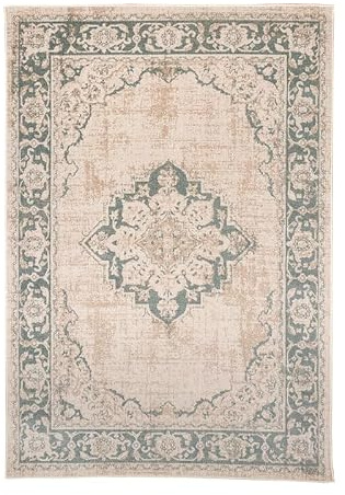Vintage Teppich - Spring Medaillon Creme Grün - 140x200 cm | Polypropylen - Kurzflor - Vintage - Boho, Klassik, Ländlich, Orientalisch - Wohnzimmer, Esszimmer, Schlafzimmer
