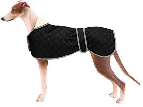 Geyecete - Windhund Warmer wintermantel, Hundemantel mit Dickes Steppfutter, verstellbaren Outdoor Hundejacke mit Geschirr Loch für mittel große Windhunde Whippet Lurcher Saluki -Schwarz-L