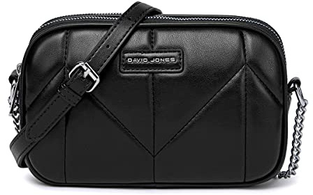 David Jones - Dämen Kleine Umhängetasche - Mini Crossbody Bag PU Leder - Handtasche 2 Fächern mit Reißverschluss - Gesteppte Tasche Kette Schultertasche - Abendtasche Elegant Stilvoll - Schwarz
