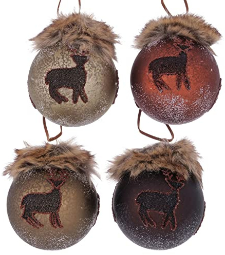 MamboCat 4tlg Set Weihnachtskugeln Cedrik I Ø 8cm I Hirsch-Dekor mit Kunstfell I Rentier, braun I Christbaum-Schmuck, Weihnachtsbaum-Deko hängend I Advents-Kranz I Christmas-Tree X-Mas