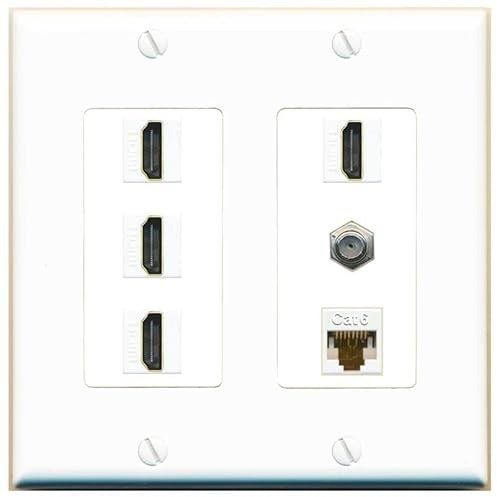 RiteAV Cavo coassiale HDMI a 4 porte - Piastra da parete Ethernet tipo F 1 Cat6 - 2 bande [bianco/bianco]