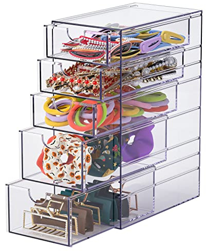 Noverlife Clear Containers for Hair Accessory Organizing, Plastic Hair Accessory Organizer Box with 5 Drawers, Hair Accessory Container, Storage Organization Drawers Set for Hair Ties Accessory