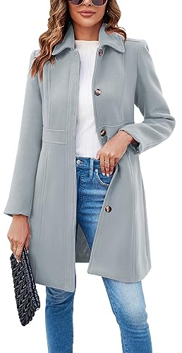 Fisoew Women's Elegant Single Breasted Coat Long Sleeve Mid Winter Overcoat Work Office Pea Coats