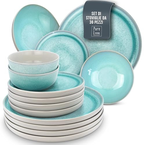 36 Piece Dinner Sets for 12 People - Beautiful Mediterranean Style Stoneware Dinner Set for 12 - Dishwasher & Microwave Safe Plates and Bowls Set for 12 - Dinnerware Sets by Pure Living in Turquoise