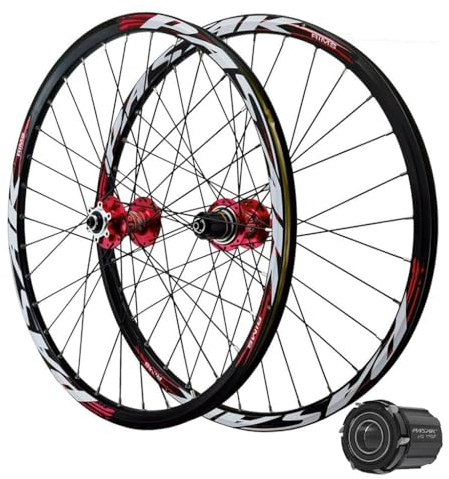 DYSY 24 Zoll MTB Fahrradräder 26 27,5 29 Zoll Fahrrad Aluminiumlegierung Hybridnabe Scheibenbremse 32 Speichen QR Radsatz Felge for 7-12 Geschwindigkeit 2250 G (Farbe : Rot, Size : 26 INCH)