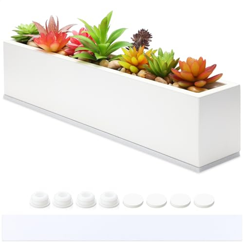 FillTouch 40,6 x 8,1 x 8,9 cm Langer rechteckiger Pflanzkasten für Fensterbank, Pflanzkasten, Metall, Wassertrog, Innenbereich, groß, moderner Stahl mit Drainagelöchern, Kräutergarten, Haus (weiß)