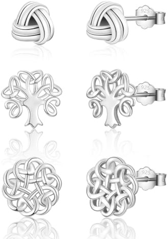 wynn's Damen Ohrringe Silber 925, 3 Paar Silber/Gold Ohrstecker Set Lebensbaum Ohrringe&Keltischer Knoten Schmuck mit Geschenkbox für Damen Herren