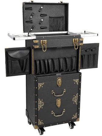4-Tier Arbeitswagen Friseur Trolley Kosmetik Trolley Cart Salon Rollwagen Schminkkoffer mit Rollen Friseurkoffer Beauty Case Nagelkoffer Multikoffer, Schwarz Make up Rollkoffer