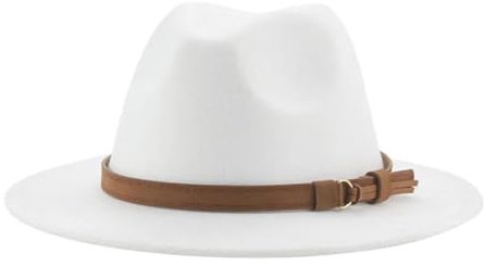 FULUJIDI Fedora Trilby Filzhut Hut Fedora Hüte Für Frauen Männer Breite Krempe Solide Frauen Hüte Band Gürtel Klassische Formale Kleider Hüte 52-54Cm (Kinder) Weiß