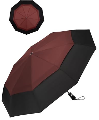 Chakipee Compact Travel Umbrella Windproof Strong- Automatic Folding Umbrellas for Wind and Rain, Double Vented Canopy 210T Fabric 102cm Span - 9 Ribs Portable Umbrella for Men and Women Red