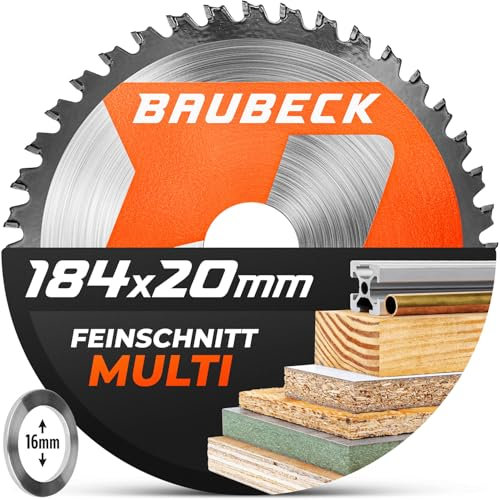 BAUBECK Lame de scie 184x16 + adaptateur 20 mm, 40T, 1,6 mm coupe fine dans le bois & l’aluminium compatible avec Dewalt, Bosch, Evolution & TACKLIFE PES01A, lame 184x20, lame circulaire 184x16