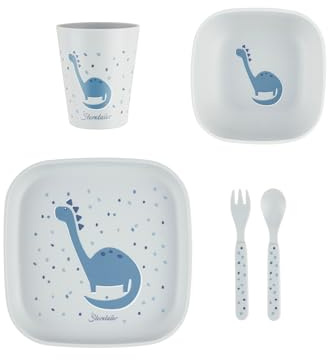 Sterntaler Set di stoviglie Dino Rexi – stoviglie per bambini e bambini in forma quadrata, ideale per nutrire e imparare a mangiare autonomamente, stoviglie robuste in materiale alimentare, grigio blu