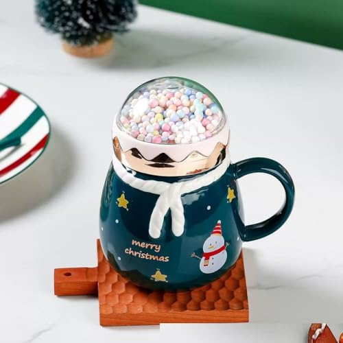 VollfitYYu Keramik Weihnachtstasse süße Weihnachten Kaffeebecher Kaffeetasse 400ml Weihnachtsbecher mit Deckel Kreative Frühstückstasse Geschenk für Mama Kinder Mädchen (Dunkel-Blau)