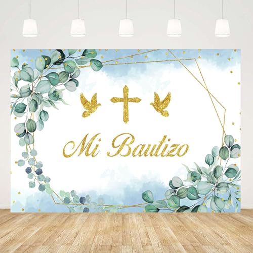 Caheansi Fondo Mi Bautizo Bautizo para Bautizo Mexicano 4,6 x 3 m - Banner decorativo para fiesta prenatal - Hoja de eucalipto - Banner decorativo para primera comunión