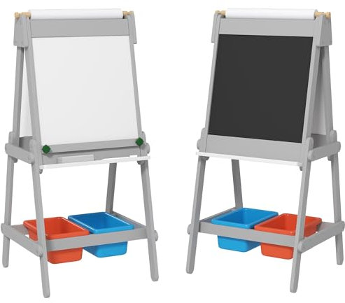 AIYAPLAY 3-in-1 Kindertafel, doppelseitige Kinder Staffelei mit Kreidetafel, Whiteboard, Staffelei mit Radiergummi, Zeichenpapier, Aufbewahrungsboxen, für Kinder 3-8 Jahre, Grau