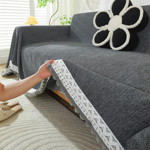 Highdi Chenille Sofaüberwürfe Abdeckung Sofadecke, Vintage Spitze Sofaüberwurf Sofa Überzug L Form Sofabezug Ecksofa Universelle rutschfeste Couch Überzug (180x260cm,Anthrazit)