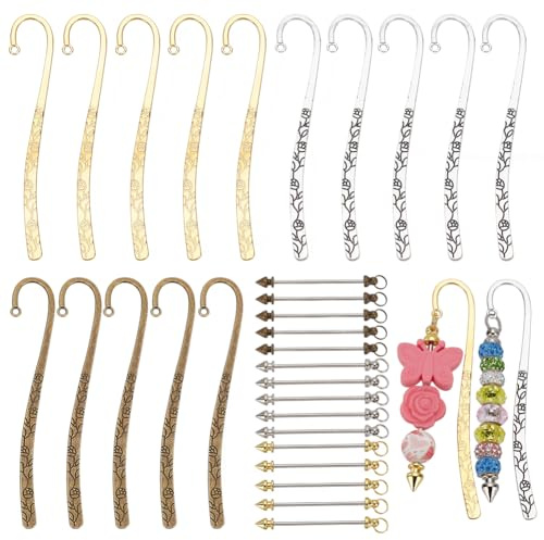 WEBEEDY 15 Stk. Perlen Bookmarks 3 Farben Vintage Tibetische Haken Geschnitzte Bookmarks Mit Perlen Lesezeichen Metallstange Legierung Bookmarks DIY Set Lesefreunde Buchliebhaber Geschenke