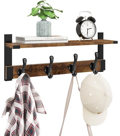 Homode Coat Rack Wall Mount with Shelf, Wood Wall Hooks with Shelf, Heavy Duty Entryway Shelf with Hooks with 4 Metal Hangers for Hanging Key Towel Hat Purse, Bathroom Bedroom, Rustic Brown Black