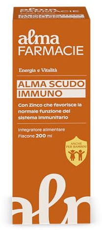 Alma Scudo Immuno Alma Farmacie Difese ed Energia Sciroppo 200 ml | Zinco, Vitamina C, Pappa Reale ed Echinacea, alta concentrazione, anche per bambini, senza glutine