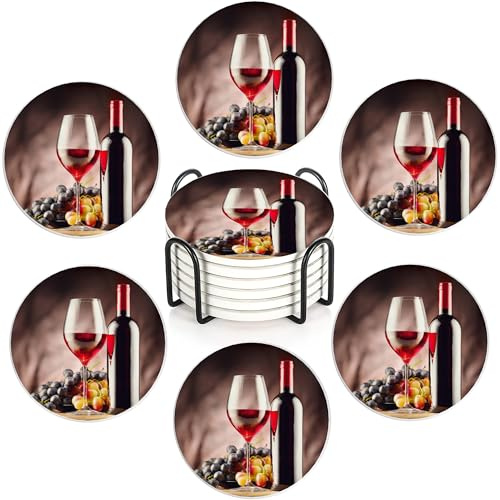 Wine Set of 6 Coasters Absorbent Ceramic Drink Mats with Cork Base & Metal Holder, Spill Protectors for Mugs/Cups, Cheerful Home/Bar Decor