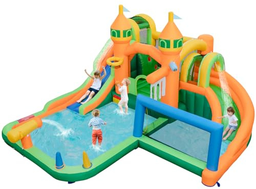 GOPLUS Castillo Hinchable 9 en 1 con 2 Toboganes, Piscina, Aro de Baloncesto, Juego de Gancho, Zona de Rebote, Pistola de Agua, Pared de Escalada, Casa de Salto Húmeda y Seca (sin Soplador)