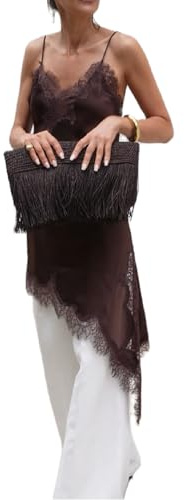 Women Lace Trim Satin High Low Tops Silk Spaghetti Strap Side Split Asymmetrical Cami Top Flowy Silky Layering Tops(Brown,Medium)