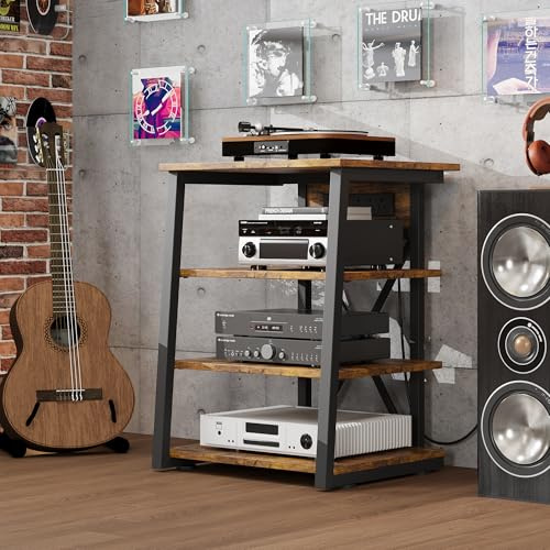 GarveeHome HIFI Stand Record Player Stand, 4-Tier AV Media Tower with Outlets & Adjustable Shelves, Audio Rack for Amp/Turntable/Sky Box/Printer/TV/Xbox One 63 x 55 x 83 cm