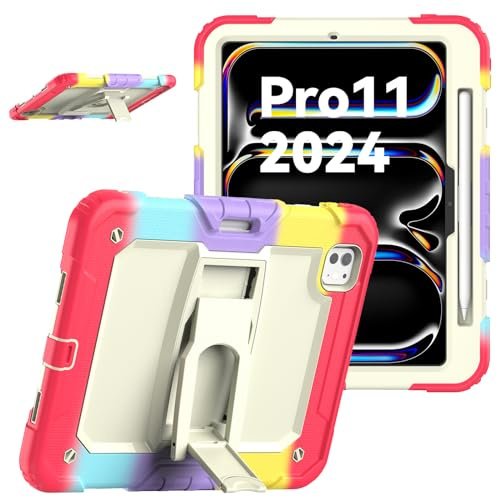 V-MOTA Étui de protection de qualité militaire compatible avec iPad Pro M4 2024 A2836 11, coque hybride noire, design antichoc avec fente pour stylo et support (arc-en-ciel rouge)