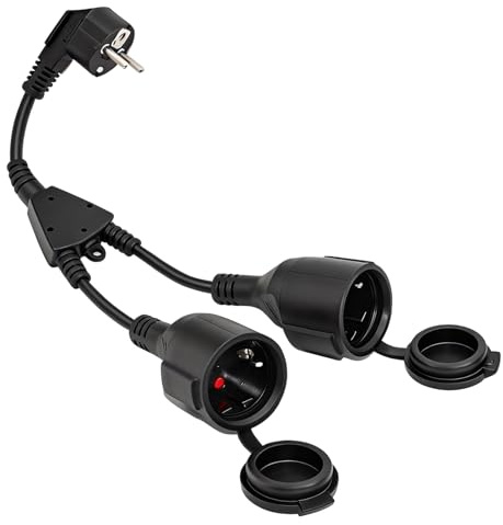 Doppelstecker für steckdose IP44 Spritzwassergeschützt 3500W Leistung, Kompakter Stromverteiler für Garten, Balkon, Terrasse, Küche, Wohnmobil, Poolpumpe, Waschmaschine & Beleuchtung Schwarz