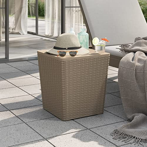 QZZCED Mesa de Jardín con Tapa Extraíble de Polipropileno Marrón Claro y Compartimento de Almacenamiento, Resistente a la Intemperie y UV, Diseño de Mimbre de Imitación