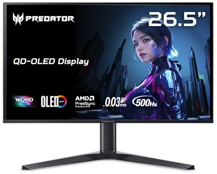 Acer Predator Gaming Monitor | WQHD 2560 x 1440 OLED de 26,5 | AMD FreeSync Premium Pro | 500Hz | 0.03ms | VESA DisplayHDR True Black 500 | USB Type-C, 2X DP 1.4 y 2X HDMI 2.1 | X277 U