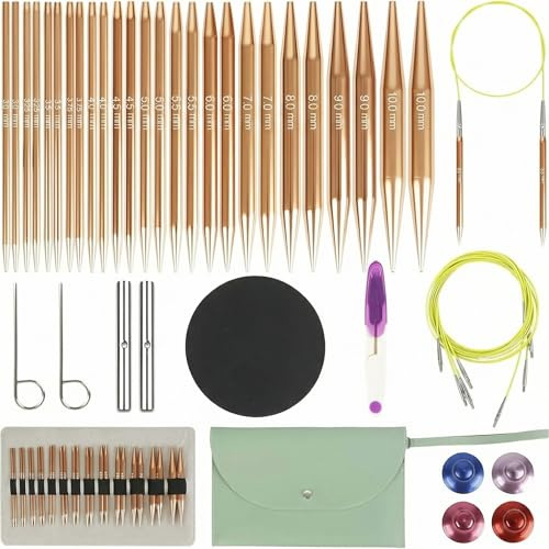 13 Paar Austauschbare Rundstricknadeln mit Zubehör & Tasche | Aluminium-Stricknadel Set Ø 3–10 mm | 4 Längen einstellbar (40–100 cm) | Komplettes Häkel-Strick-Set für Pullover, Schals & Socken (Rosa)