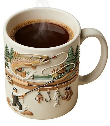 Fishing Mug, 11OZ Ceramic Fishing Mugs for Men, Funny Fishings Coffee Mug Cup with Insulated Handle, Novelty Fishings Rod Reel Line Coffee Cup Water Tea Mugs Drinkware, for Fisherman Gift