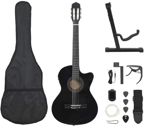 Westerngitarre 4/4 39 Zoll Akustikgitarre Set mit Tonabnehmer Equalizer Schwarz inkl. Gitarrenständer Stimmgerät Tasche Zubehör für Anfänger