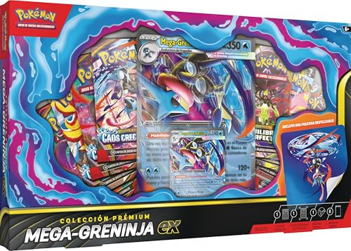 Pokémon: Colección prémium Mega-Greninja ex (1 Carta holográfica de promoción, 1 Carta de promoción de Gran tamaño con Efecto 3D y 8 Sobres de Mejora)