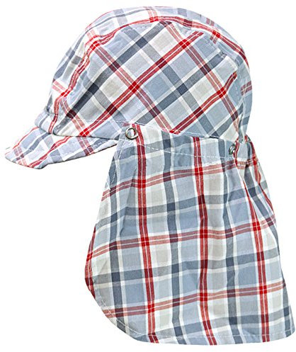 maximo Cap Karo graublau-rot mit abknöpfbarem, langem Nackenschutz und Schirm, Gr. 55; Sommer-Jungen-Kindermütze zum Binden