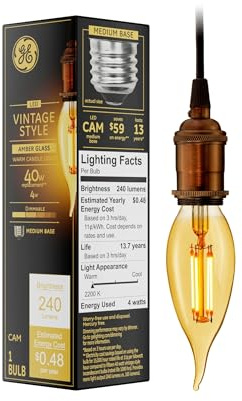 GE Vintage Style LED Light Bulb, 40 Watt, Amber Glass, Decorative Bulb, Medium Base (1 Pack)
