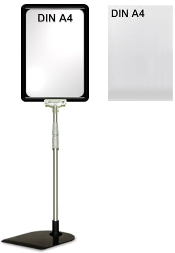 4 Plakatständer DIN A4 Rahmen schwarz mit U-Tasche, Teleskopständer mit schwarzem Kunststofffuß, höhenverstellbar bis 58 cm, Aufsteller, Kundenstopper