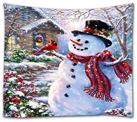 A.Monamour Wandteppiche Roter Vogel Schneemann Schneebedecktes Haus Weihnachtsferien Dekorationen Textil Stoff Wandbehang Tapisserie Vorhänge Tischdecke Tagesdecke Strandtuch Für Zuhause 180x230cm