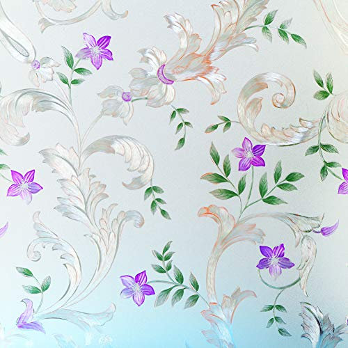 Dekorative Fensterfolie, geätztes Blumen, Sichtschutz-Türfolie, statische Glasfolie, kein Kleber, Buntglas, Anti-UV-Fensterpapier für Badezimmer, Büro, Konferenzraum, Schlafzimmer, 44,5 x 398,8 cm
