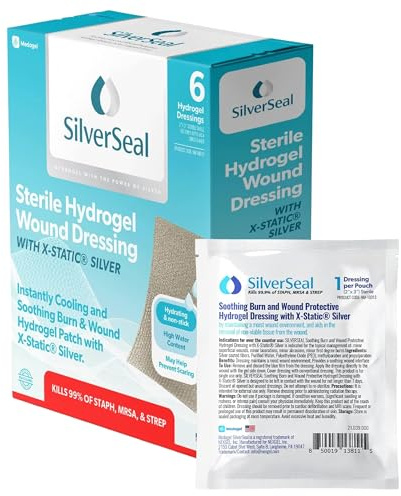 SilverSeal Verbrennungs- und Wundverband, Hydrogel-Pads mit X-Static Silber, beruhigend, feucht und schützend, 5,1 x 7,6 cm, sterile Kompressen, 6 Stück
