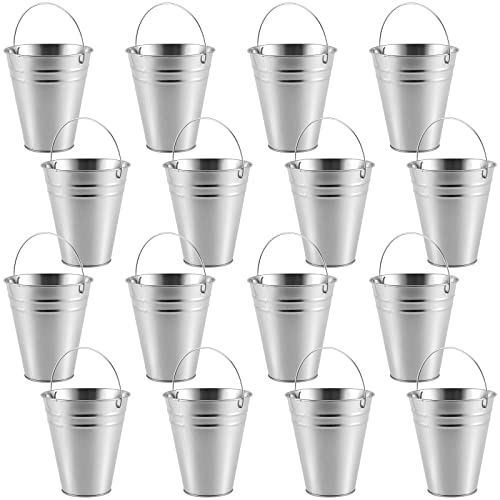 MUKLEI 16 Pack 4.5 Inch Galvanized Small Metal Buckets, Mini Tin Buckets with Handle, Round Pails for Plants, Candy, Flower, Party Favors, Snack