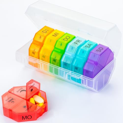 Tablettenbox 7 Tage Große Fächer, Medikamentenbox 7 Tage 4 Fächer Tabletten Organizer Mit 28 Extra Großen Fächern für Woche, Tragbare Pillendose Morgens Mittags Abends Reise Pillenbox für Vitamin