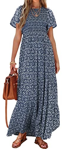 PRETTYGARDEN Women's Summer Casual Flutter Short Sleeve Boho Floral Maxi Dress Crew Neck Smocked Tiered Long Dresses (Navy,Large)
