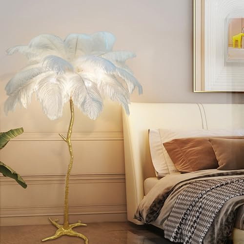 LDIEUWUET Feder Stehlampe hohe, modernes Wohnzimmer Feder Stehleuchte Lampe natürlicher Straußenfedern Lampenschirm, LED Leselampe, Gold Bodenbeleuchtung für Wohnzimmer, Schlafzimmer, Ecke, Sofa
