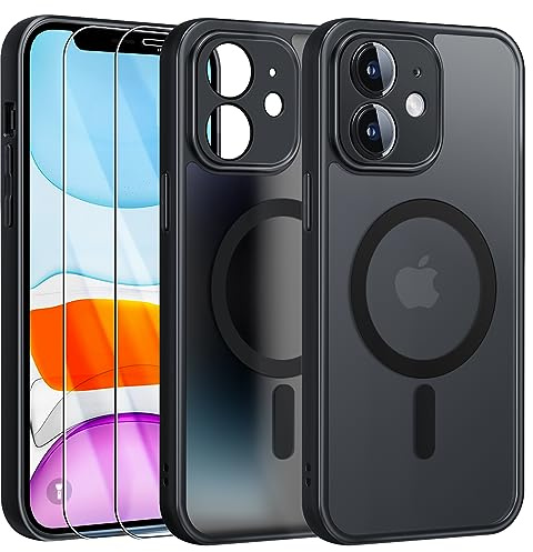FLLAO Cover Magnetica per iPhone 11 Custodia e 2 Pellicole in Vetro Temperato, Compatibile con Magsafe, Traslucida Opaca Posteriore Sottile Antiurto Protettiva Case, Nero