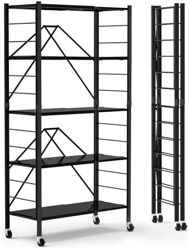 Himix 5 Tier Foldable Storage Shelves, Expandable Folding Shelf with Wheels, Changeable into 2 Shelf Units, Collapsible Adjustable Storage Rack Metal Shelves for Storage, Pantry, Garage, Kitchen, Room