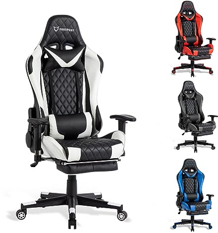 FOXSPORT Chaise de Jeu, Chaise de Bureau, Chaise Gaming pivotante et Robuste, Design Ergonomique avec Coussin et Support Dorsal inclinable (Blanche, avec Repose Pied)